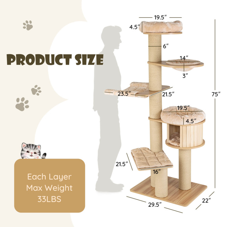 Modern Tall Cat Tree Tower with Scratch Posts and Washable Mats-BeigeCostway Gallery View 4 of 10